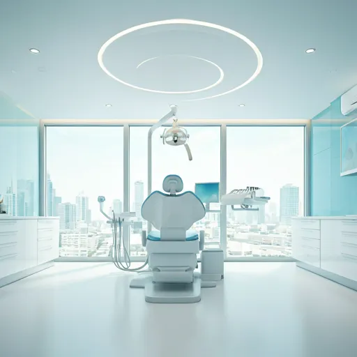 A bright, ultra-modern dental clinic interior with floor-to-ceiling windows and minimalist white furniture.